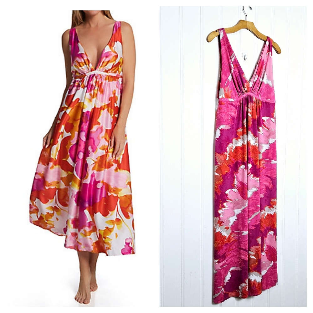 Natori Night Gown Pink Watercolor Deep V-neck Midi Sleepwear Womens Size M
